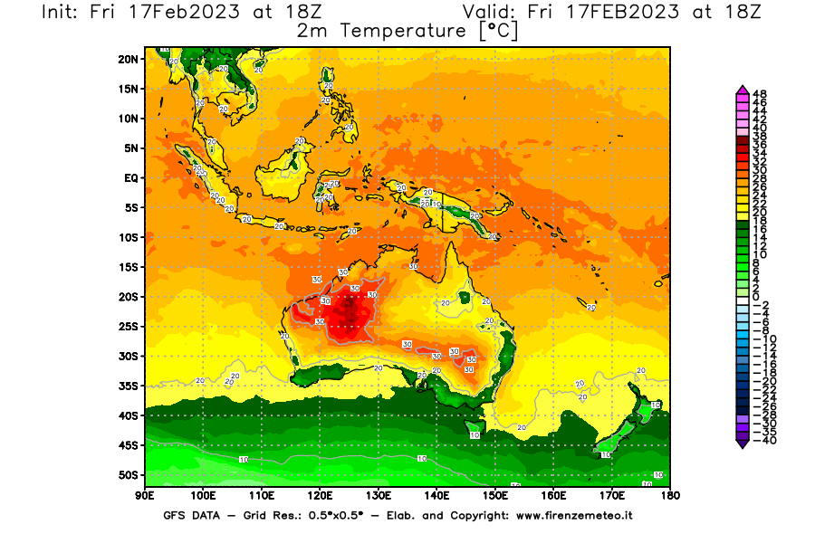 Mappa di analisi GFS - Temperatura a 2 metri dal suolo [°C] in Oceania
							del 17/02/2023 18 <!--googleoff: index-->UTC<!--googleon: index-->
