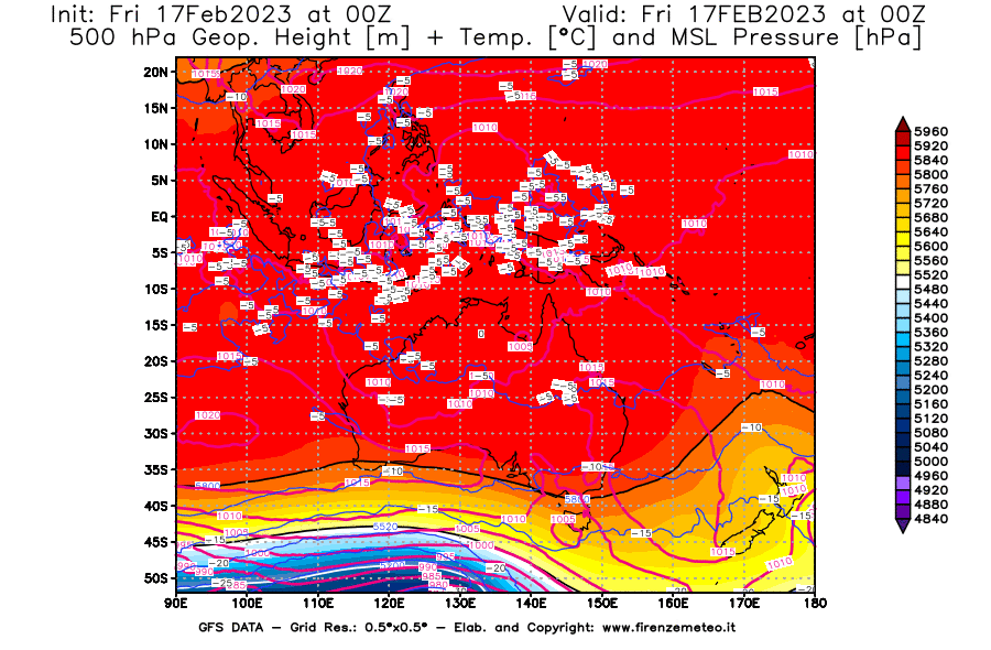 Mappa di analisi GFS - Geopotenziale [m] + Temp. [°C] a 500 hPa + Press. a livello del mare [hPa] in Oceania
							del 17/02/2023 00 <!--googleoff: index-->UTC<!--googleon: index-->