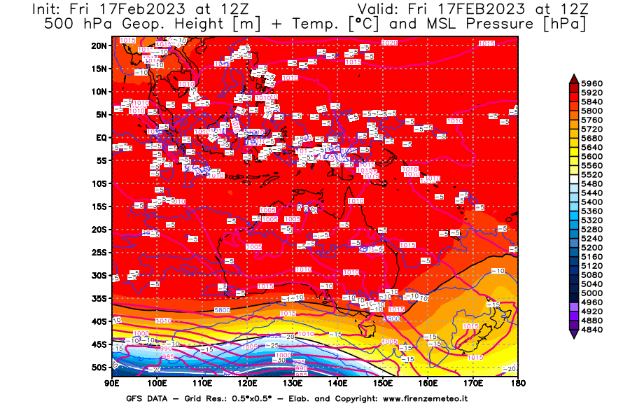 Mappa di analisi GFS - Geopotenziale [m] + Temp. [°C] a 500 hPa + Press. a livello del mare [hPa] in Oceania
							del 17/02/2023 12 <!--googleoff: index-->UTC<!--googleon: index-->