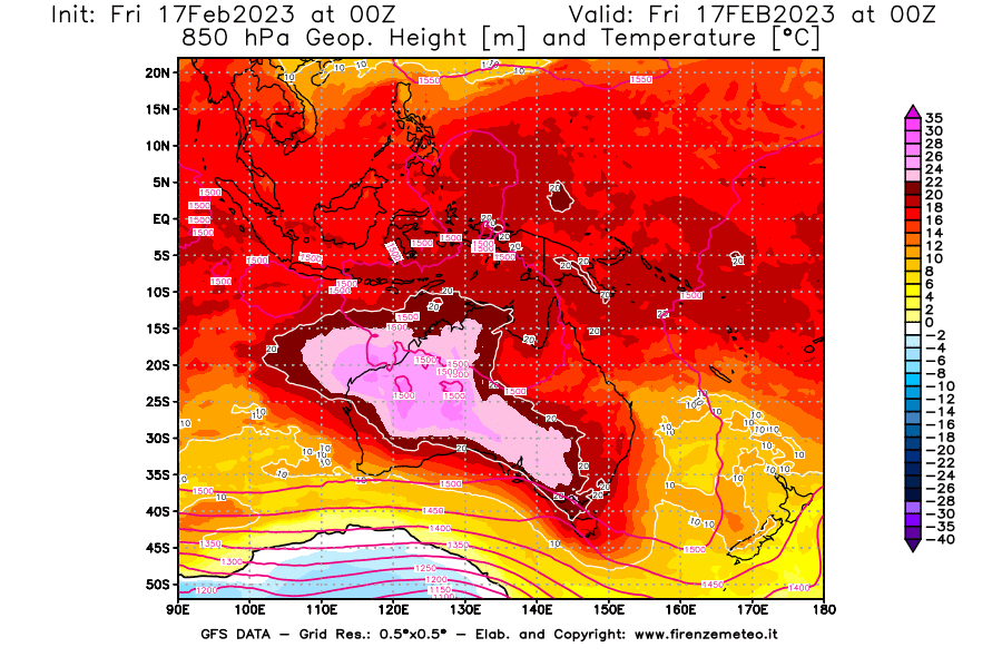 Mappa di analisi GFS - Geopotenziale [m] e Temperatura [°C] a 850 hPa in Oceania
							del 17/02/2023 00 <!--googleoff: index-->UTC<!--googleon: index-->