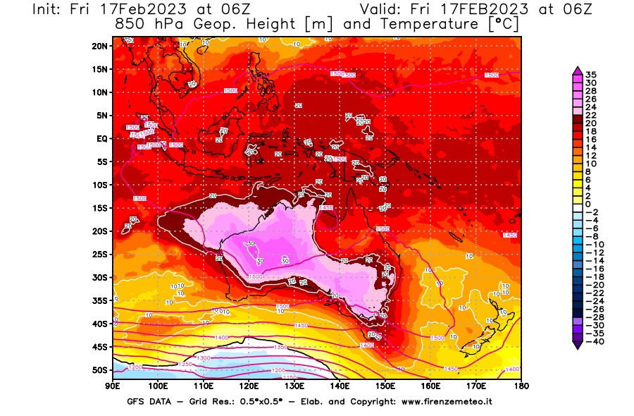 Mappa di analisi GFS - Geopotenziale [m] e Temperatura [°C] a 850 hPa in Oceania
							del 17/02/2023 06 <!--googleoff: index-->UTC<!--googleon: index-->