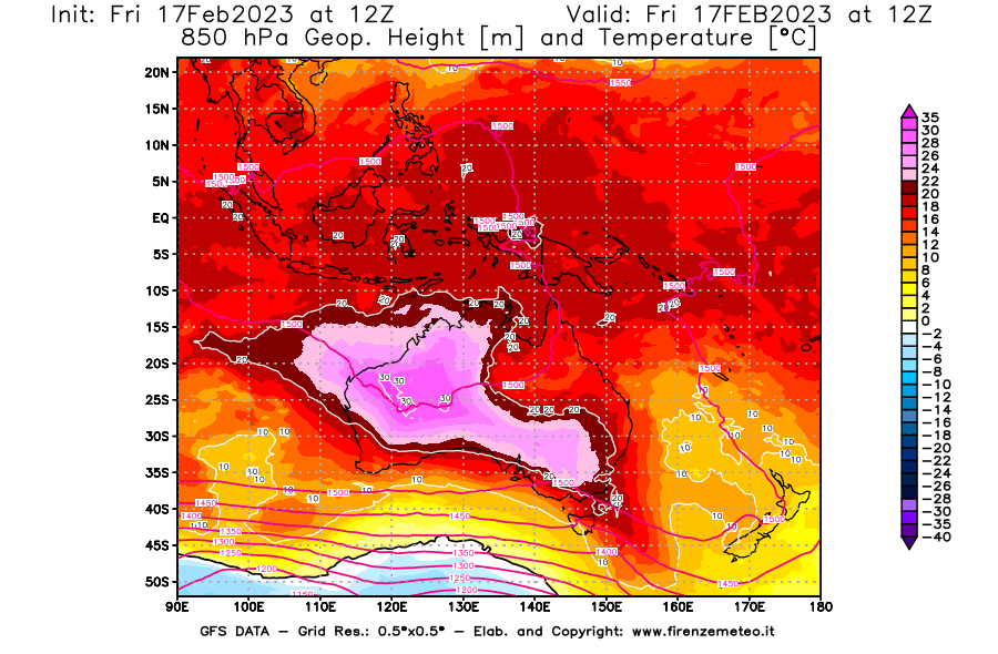 Mappa di analisi GFS - Geopotenziale [m] e Temperatura [°C] a 850 hPa in Oceania
							del 17/02/2023 12 <!--googleoff: index-->UTC<!--googleon: index-->