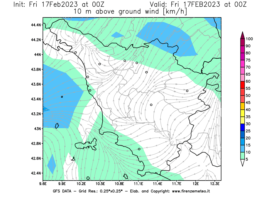 Mappa di analisi GFS - Velocità del vento a 10 metri dal suolo [km/h] in Toscana
							del 17/02/2023 00 <!--googleoff: index-->UTC<!--googleon: index-->