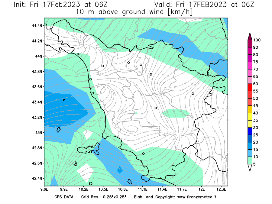 Mappa di analisi GFS - Velocità del vento a 10 metri dal suolo [km/h] in Toscana
							del 17/02/2023 06 <!--googleoff: index-->UTC<!--googleon: index-->