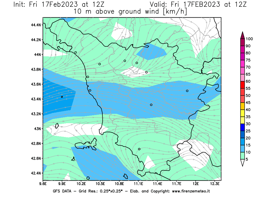 Mappa di analisi GFS - Velocità del vento a 10 metri dal suolo [km/h] in Toscana
							del 17/02/2023 12 <!--googleoff: index-->UTC<!--googleon: index-->