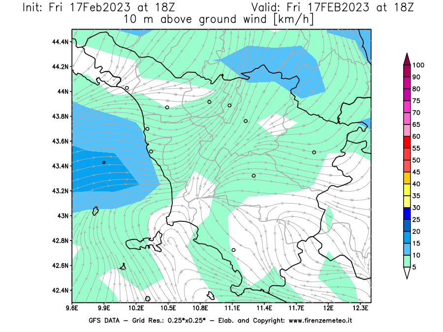 Mappa di analisi GFS - Velocità del vento a 10 metri dal suolo [km/h] in Toscana
							del 17/02/2023 18 <!--googleoff: index-->UTC<!--googleon: index-->