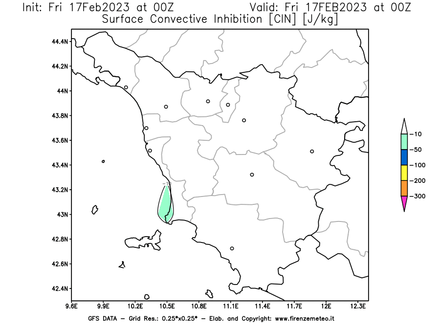 Mappa di analisi GFS - CIN [J/kg] in Toscana
							del 17/02/2023 00 <!--googleoff: index-->UTC<!--googleon: index-->
