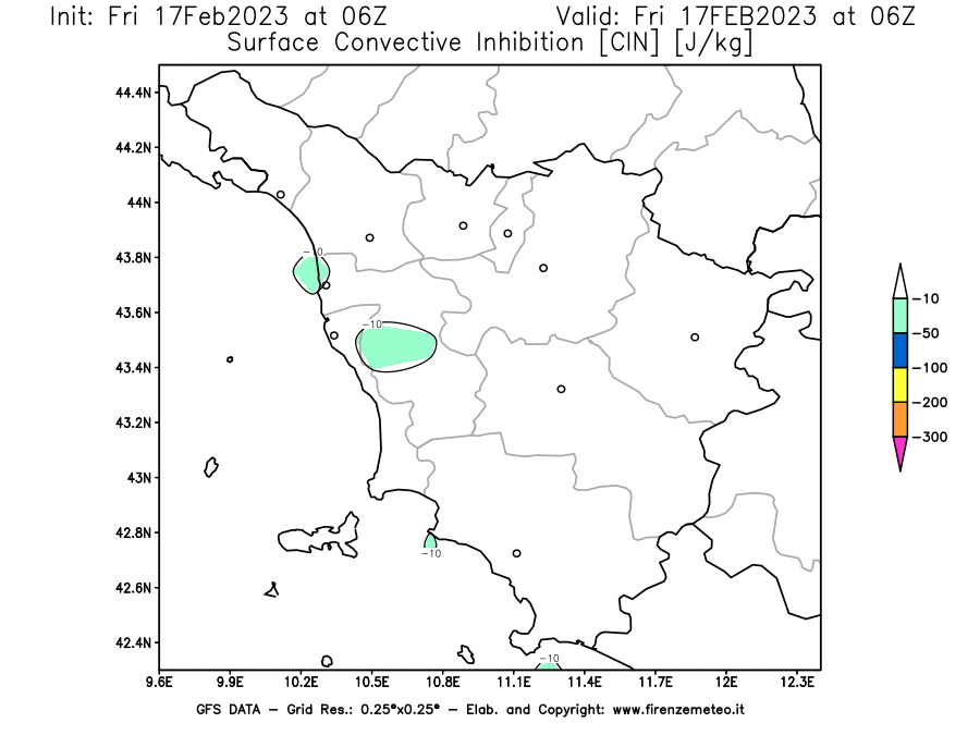 Mappa di analisi GFS - CIN [J/kg] in Toscana
							del 17/02/2023 06 <!--googleoff: index-->UTC<!--googleon: index-->