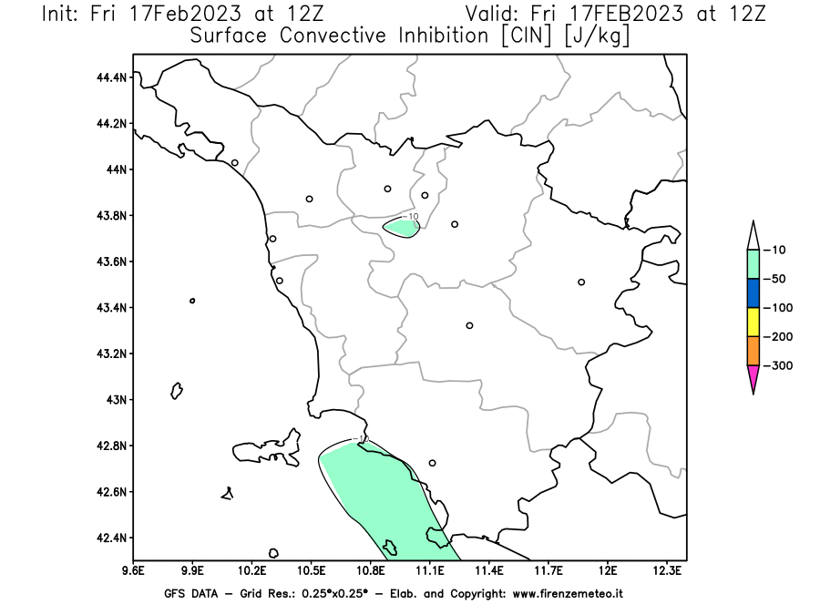 Mappa di analisi GFS - CIN [J/kg] in Toscana
							del 17/02/2023 12 <!--googleoff: index-->UTC<!--googleon: index-->