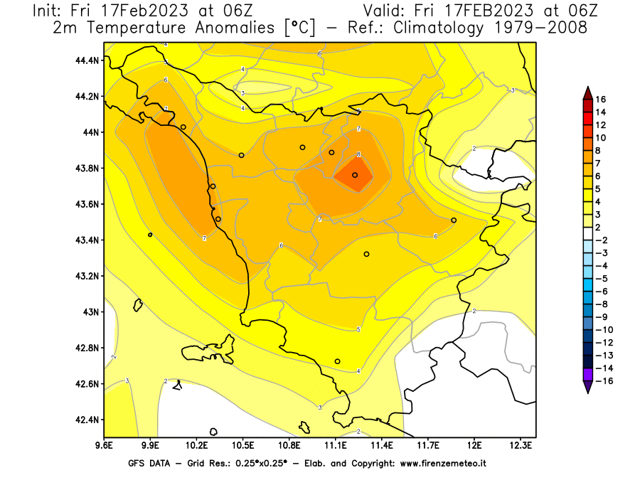 Mappa di analisi GFS - Anomalia Temperatura [°C] a 2 m in Toscana
							del 17/02/2023 06 <!--googleoff: index-->UTC<!--googleon: index-->