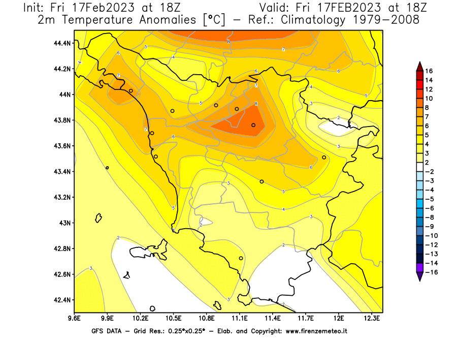 Mappa di analisi GFS - Anomalia Temperatura [°C] a 2 m in Toscana
							del 17/02/2023 18 <!--googleoff: index-->UTC<!--googleon: index-->