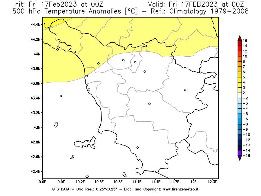Mappa di analisi GFS - Anomalia Temperatura [°C] a 500 hPa in Toscana
							del 17/02/2023 00 <!--googleoff: index-->UTC<!--googleon: index-->
