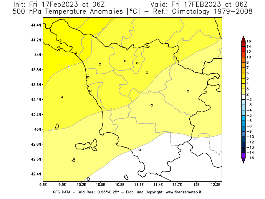 Mappa di analisi GFS - Anomalia Temperatura [°C] a 500 hPa in Toscana
							del 17/02/2023 06 <!--googleoff: index-->UTC<!--googleon: index-->