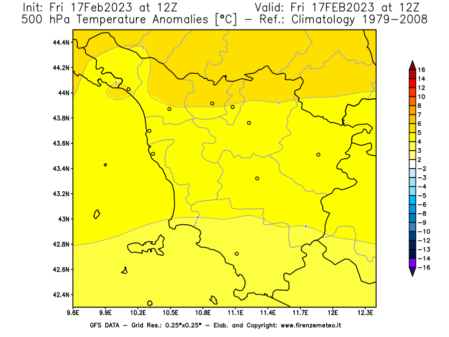 Mappa di analisi GFS - Anomalia Temperatura [°C] a 500 hPa in Toscana
							del 17/02/2023 12 <!--googleoff: index-->UTC<!--googleon: index-->