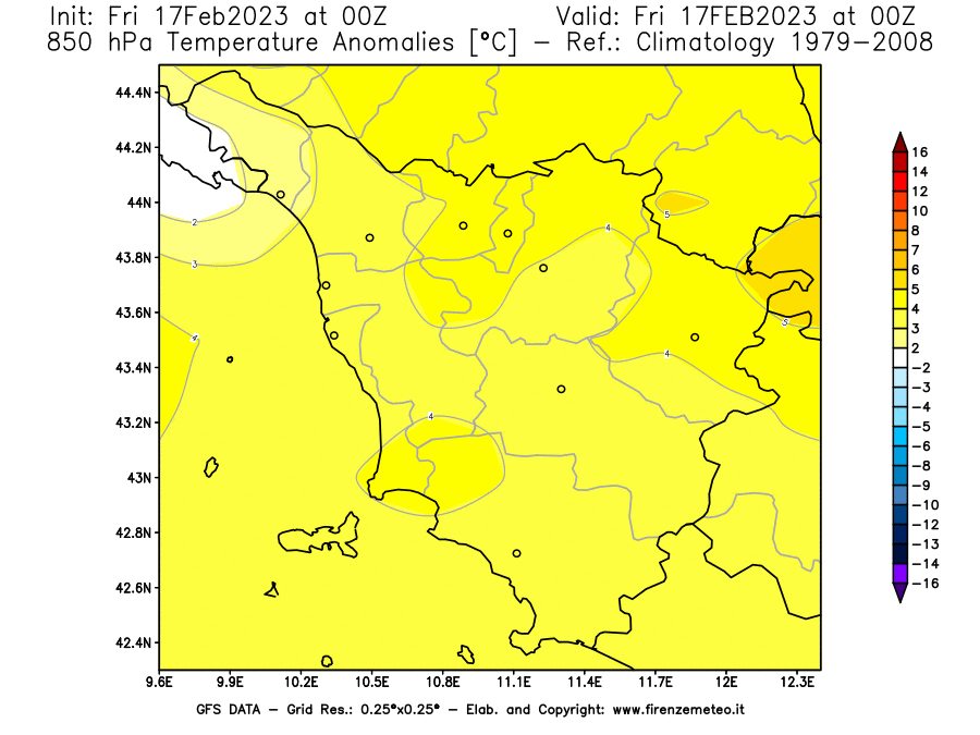 Mappa di analisi GFS - Anomalia Temperatura [°C] a 850 hPa in Toscana
							del 17/02/2023 00 <!--googleoff: index-->UTC<!--googleon: index-->
