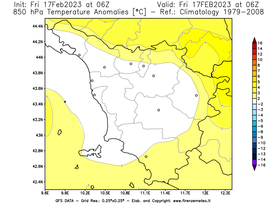 Mappa di analisi GFS - Anomalia Temperatura [°C] a 850 hPa in Toscana
							del 17/02/2023 06 <!--googleoff: index-->UTC<!--googleon: index-->