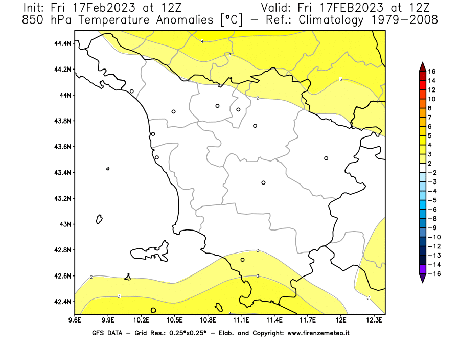 Mappa di analisi GFS - Anomalia Temperatura [°C] a 850 hPa in Toscana
							del 17/02/2023 12 <!--googleoff: index-->UTC<!--googleon: index-->
