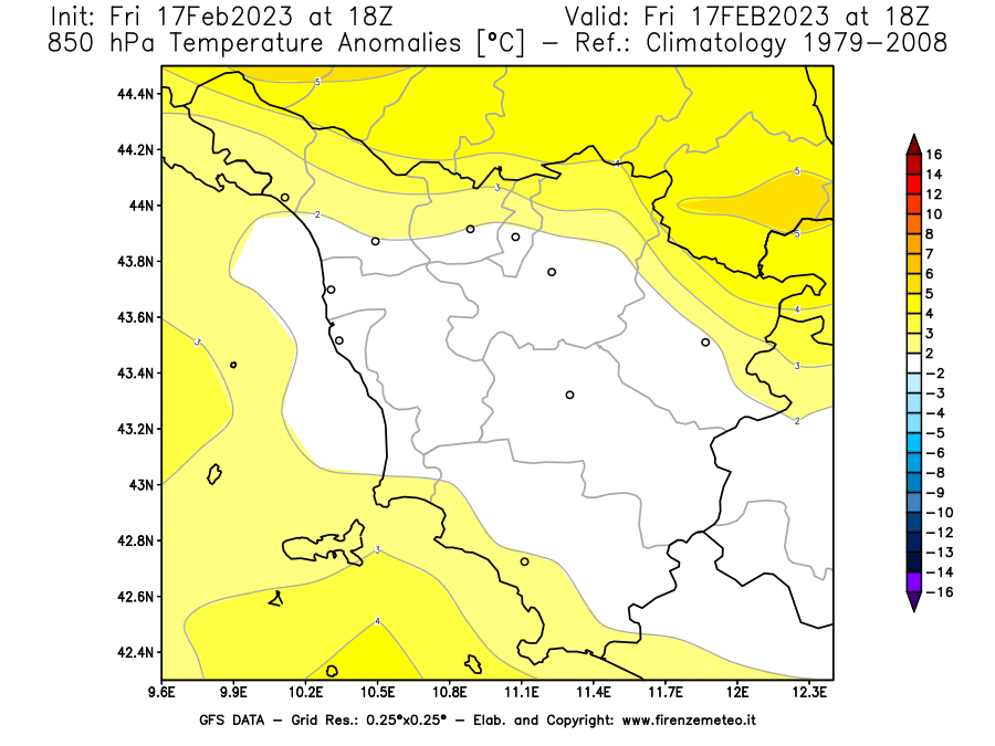 Mappa di analisi GFS - Anomalia Temperatura [°C] a 850 hPa in Toscana
							del 17/02/2023 18 <!--googleoff: index-->UTC<!--googleon: index-->