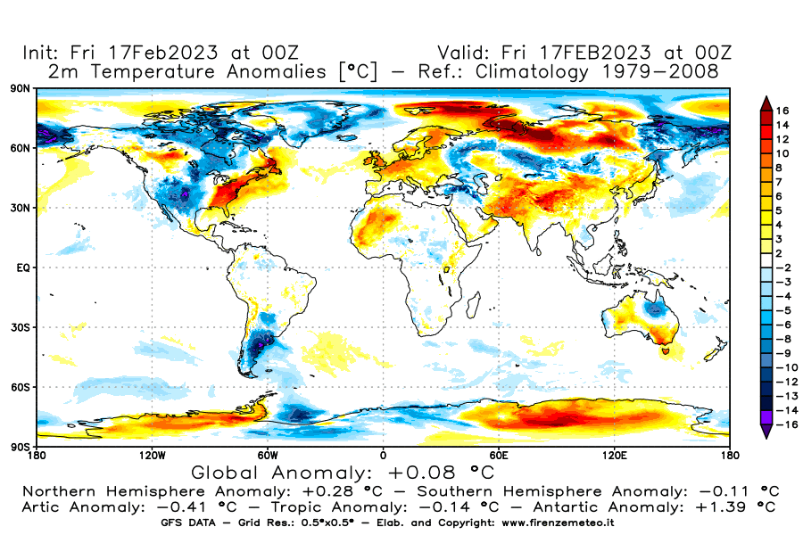 Mappa di analisi GFS - Anomalia Temperatura [°C] a 2 m in World
							del 17/02/2023 00 <!--googleoff: index-->UTC<!--googleon: index-->