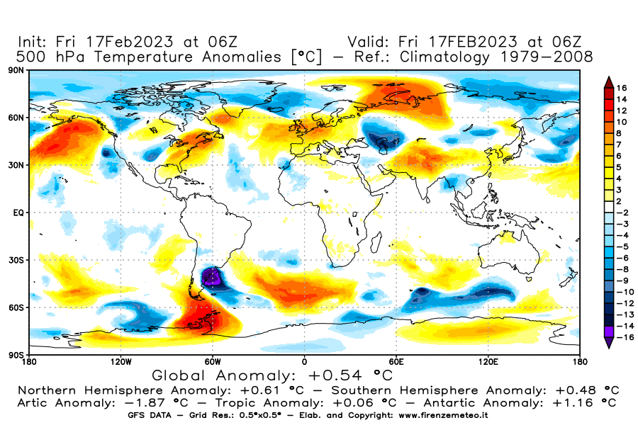 Mappa di analisi GFS - Anomalia Temperatura [°C] a 500 hPa in World
							del 17/02/2023 06 <!--googleoff: index-->UTC<!--googleon: index-->
