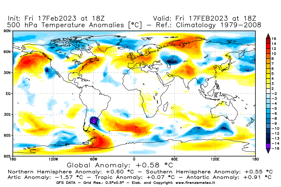 Mappa di analisi GFS - Anomalia Temperatura [°C] a 500 hPa in World
							del 17/02/2023 18 <!--googleoff: index-->UTC<!--googleon: index-->