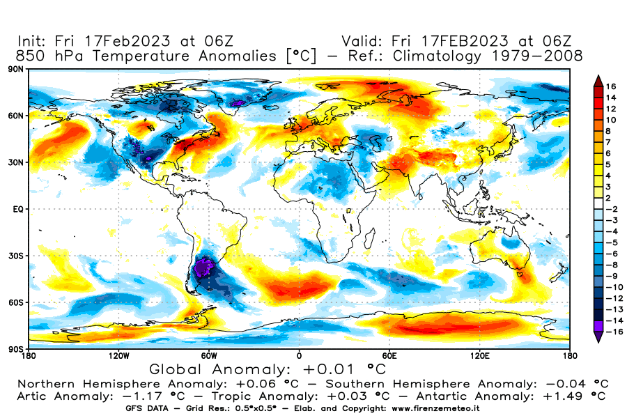 Mappa di analisi GFS - Anomalia Temperatura [°C] a 850 hPa in World
							del 17/02/2023 06 <!--googleoff: index-->UTC<!--googleon: index-->