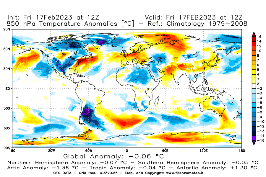 Mappa di analisi GFS - Anomalia Temperatura [°C] a 850 hPa in World
							del 17/02/2023 12 <!--googleoff: index-->UTC<!--googleon: index-->