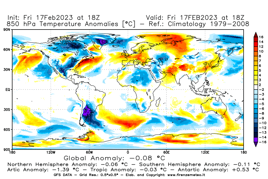 Mappa di analisi GFS - Anomalia Temperatura [°C] a 850 hPa in World
							del 17/02/2023 18 <!--googleoff: index-->UTC<!--googleon: index-->