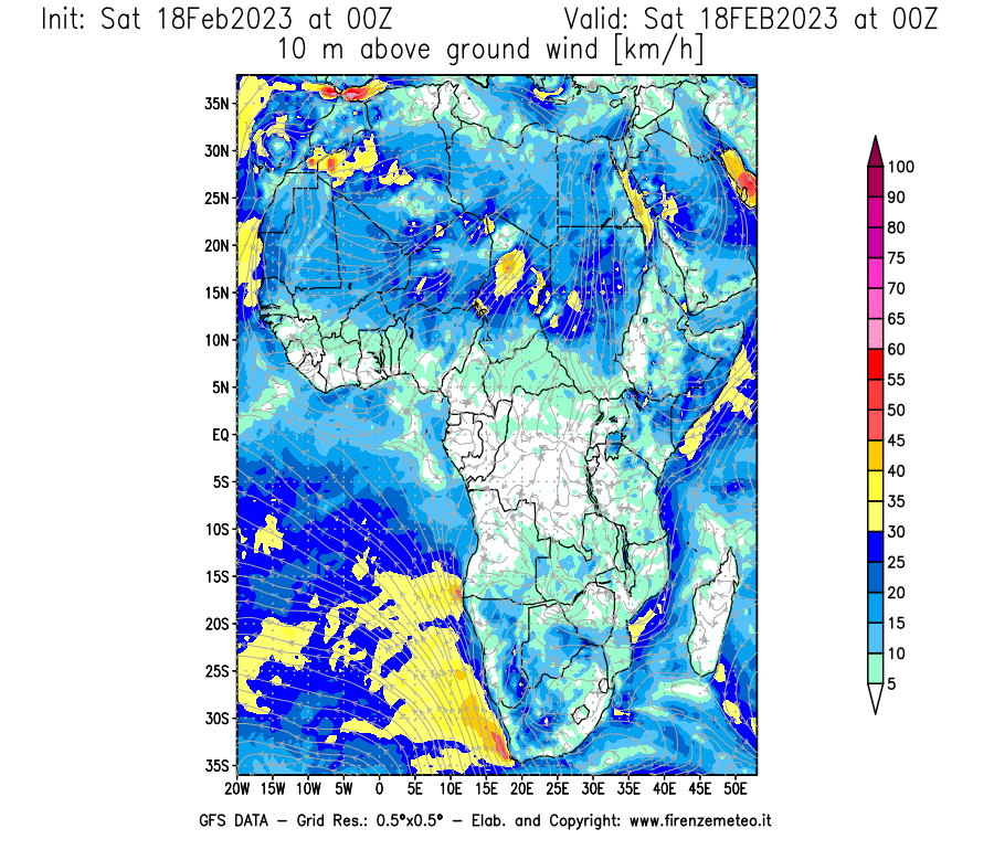 Mappa di analisi GFS - Velocità del vento a 10 metri dal suolo [km/h] in Africa
							del 18/02/2023 00 <!--googleoff: index-->UTC<!--googleon: index-->
