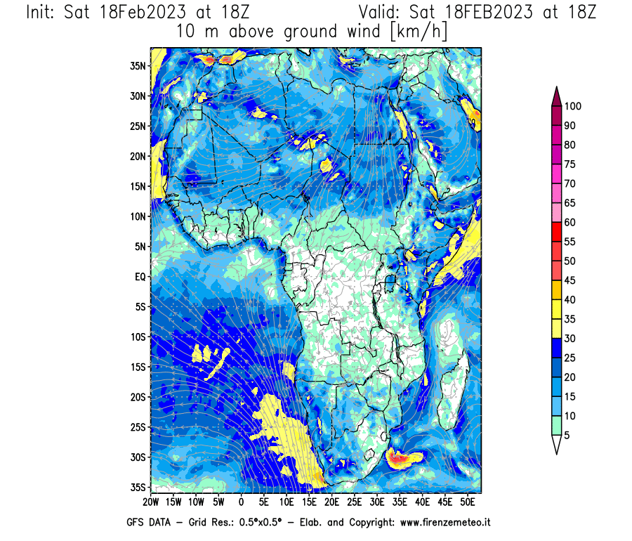 Mappa di analisi GFS - Velocità del vento a 10 metri dal suolo [km/h] in Africa
							del 18/02/2023 18 <!--googleoff: index-->UTC<!--googleon: index-->