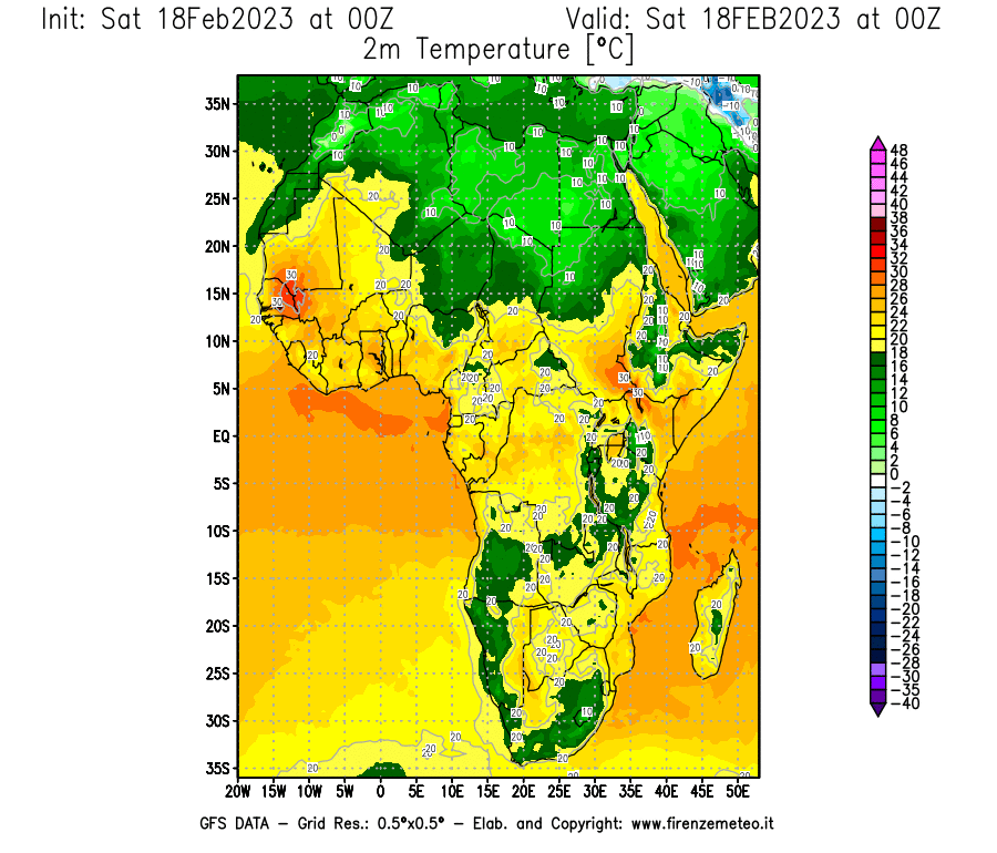 Mappa di analisi GFS - Temperatura a 2 metri dal suolo [°C] in Africa
							del 18/02/2023 00 <!--googleoff: index-->UTC<!--googleon: index-->