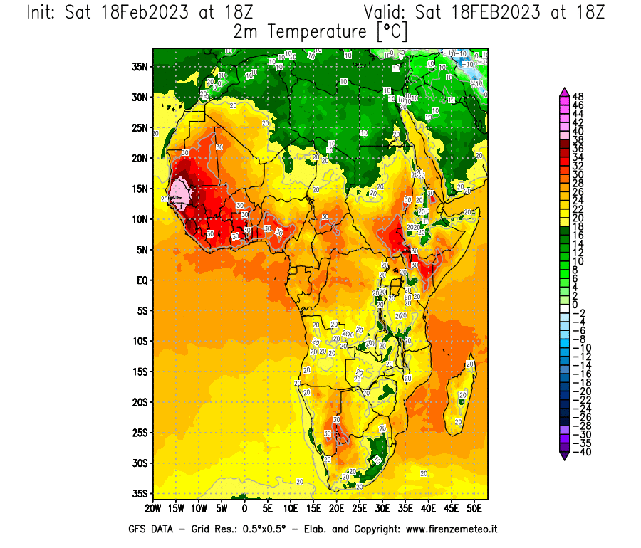 Mappa di analisi GFS - Temperatura a 2 metri dal suolo [°C] in Africa
							del 18/02/2023 18 <!--googleoff: index-->UTC<!--googleon: index-->