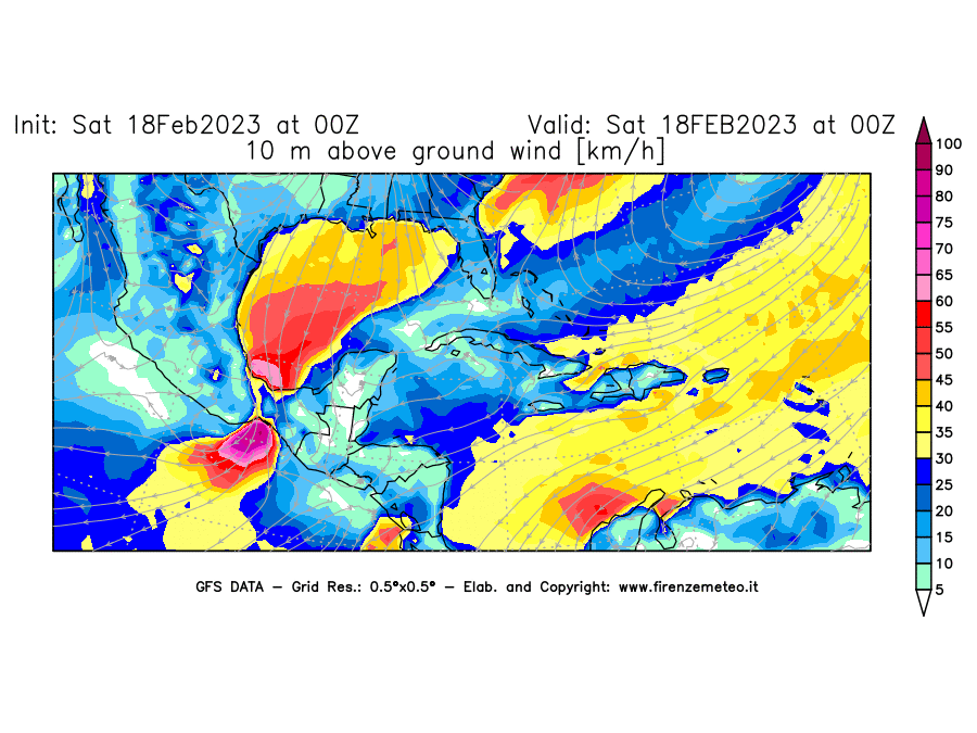 Mappa di analisi GFS - Velocità del vento a 10 metri dal suolo [km/h] in Centro-America
							del 18/02/2023 00 <!--googleoff: index-->UTC<!--googleon: index-->