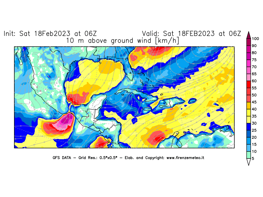 Mappa di analisi GFS - Velocità del vento a 10 metri dal suolo [km/h] in Centro-America
							del 18/02/2023 06 <!--googleoff: index-->UTC<!--googleon: index-->