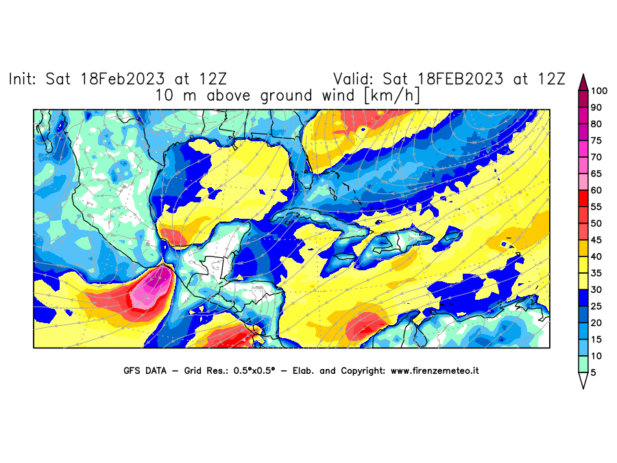Mappa di analisi GFS - Velocità del vento a 10 metri dal suolo [km/h] in Centro-America
							del 18/02/2023 12 <!--googleoff: index-->UTC<!--googleon: index-->