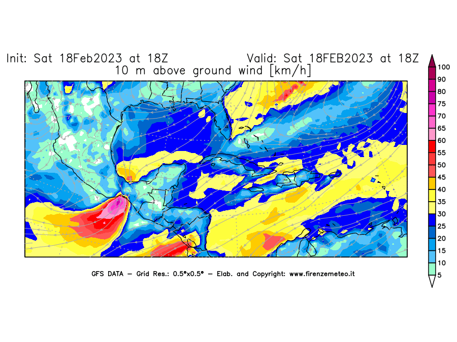 Mappa di analisi GFS - Velocità del vento a 10 metri dal suolo [km/h] in Centro-America
							del 18/02/2023 18 <!--googleoff: index-->UTC<!--googleon: index-->