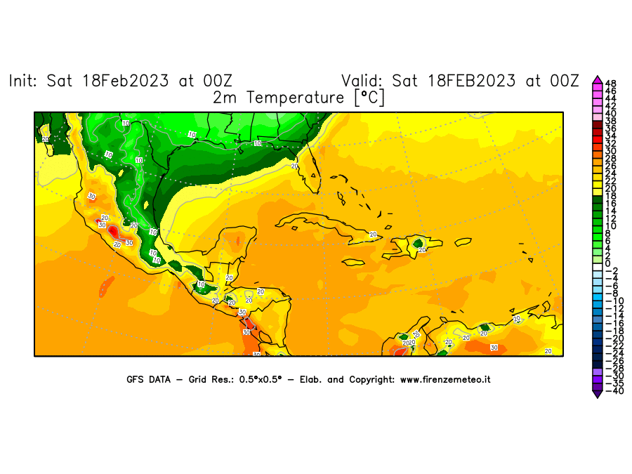 Mappa di analisi GFS - Temperatura a 2 metri dal suolo [°C] in Centro-America
							del 18/02/2023 00 <!--googleoff: index-->UTC<!--googleon: index-->