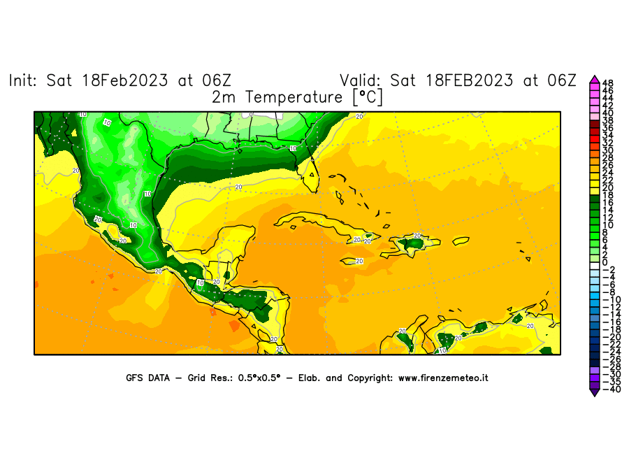 Mappa di analisi GFS - Temperatura a 2 metri dal suolo [°C] in Centro-America
							del 18/02/2023 06 <!--googleoff: index-->UTC<!--googleon: index-->