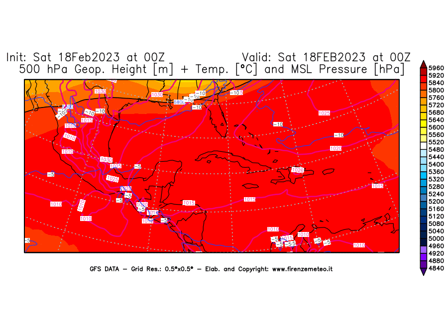 Mappa di analisi GFS - Geopotenziale [m] + Temp. [°C] a 500 hPa + Press. a livello del mare [hPa] in Centro-America
							del 18/02/2023 00 <!--googleoff: index-->UTC<!--googleon: index-->