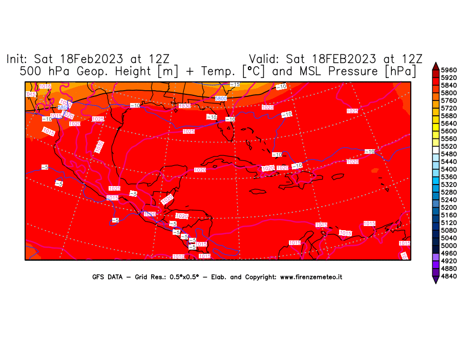 Mappa di analisi GFS - Geopotenziale [m] + Temp. [°C] a 500 hPa + Press. a livello del mare [hPa] in Centro-America
							del 18/02/2023 12 <!--googleoff: index-->UTC<!--googleon: index-->