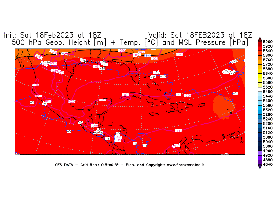 Mappa di analisi GFS - Geopotenziale [m] + Temp. [°C] a 500 hPa + Press. a livello del mare [hPa] in Centro-America
							del 18/02/2023 18 <!--googleoff: index-->UTC<!--googleon: index-->