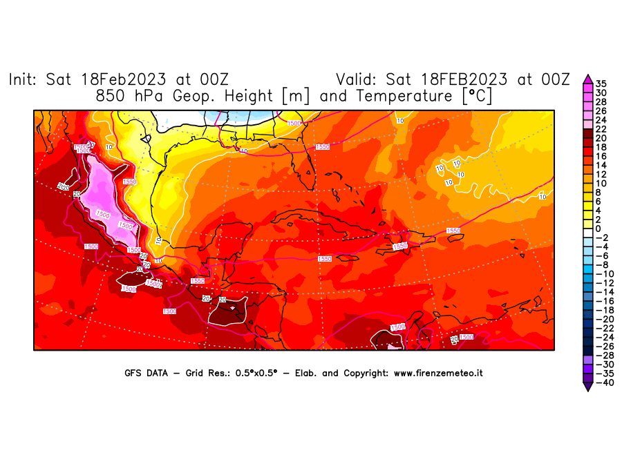 Mappa di analisi GFS - Geopotenziale [m] e Temperatura [°C] a 850 hPa in Centro-America
							del 18/02/2023 00 <!--googleoff: index-->UTC<!--googleon: index-->