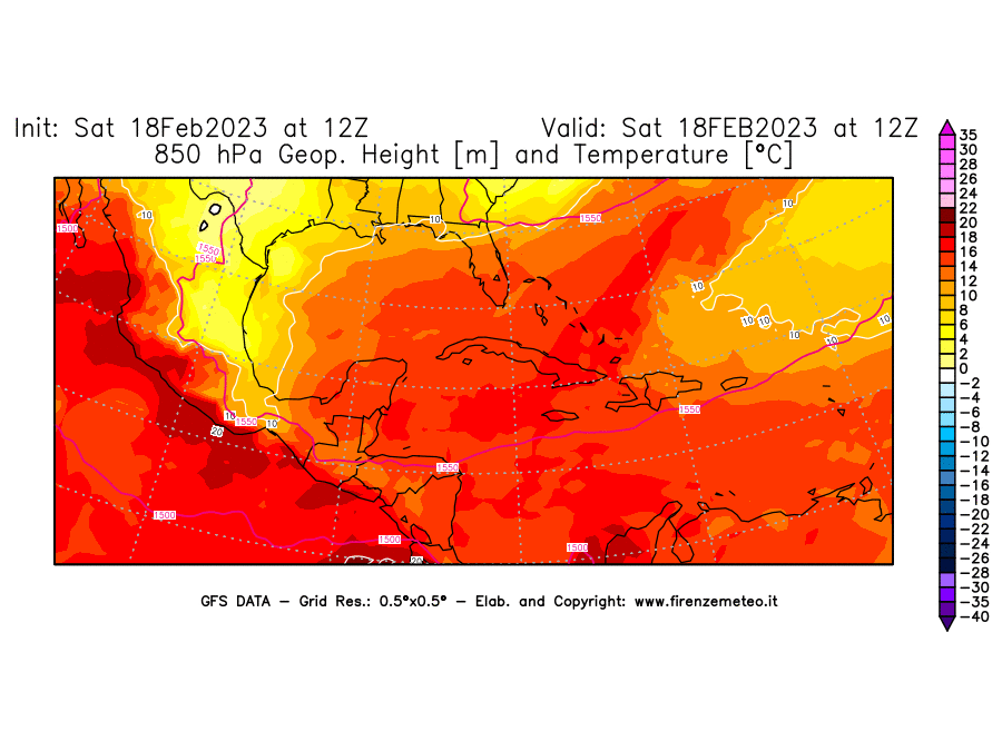 Mappa di analisi GFS - Geopotenziale [m] e Temperatura [°C] a 850 hPa in Centro-America
							del 18/02/2023 12 <!--googleoff: index-->UTC<!--googleon: index-->