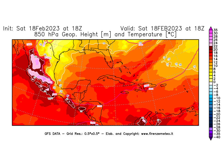 Mappa di analisi GFS - Geopotenziale [m] e Temperatura [°C] a 850 hPa in Centro-America
							del 18/02/2023 18 <!--googleoff: index-->UTC<!--googleon: index-->