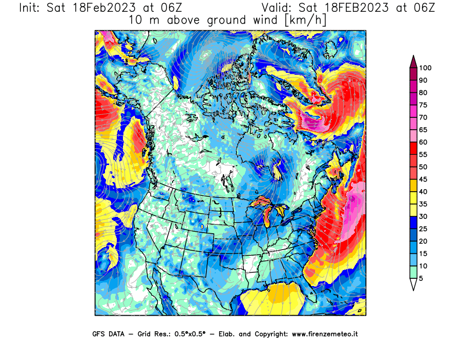 Mappa di analisi GFS - Velocità del vento a 10 metri dal suolo [km/h] in Nord-America
							del 18/02/2023 06 <!--googleoff: index-->UTC<!--googleon: index-->