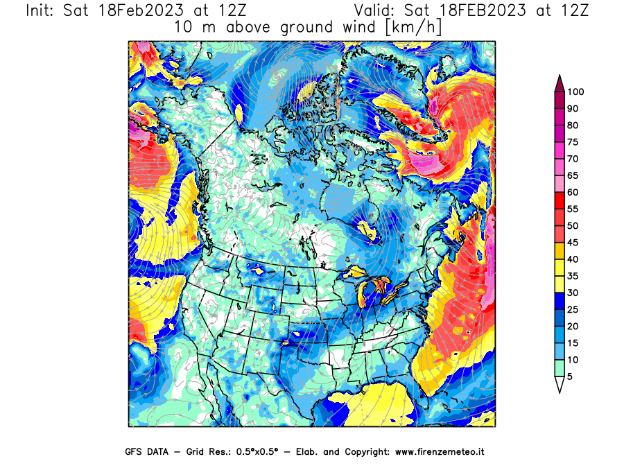 Mappa di analisi GFS - Velocità del vento a 10 metri dal suolo [km/h] in Nord-America
							del 18/02/2023 12 <!--googleoff: index-->UTC<!--googleon: index-->