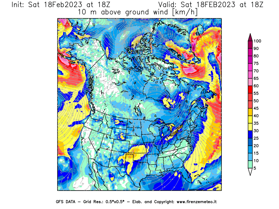 Mappa di analisi GFS - Velocità del vento a 10 metri dal suolo [km/h] in Nord-America
							del 18/02/2023 18 <!--googleoff: index-->UTC<!--googleon: index-->