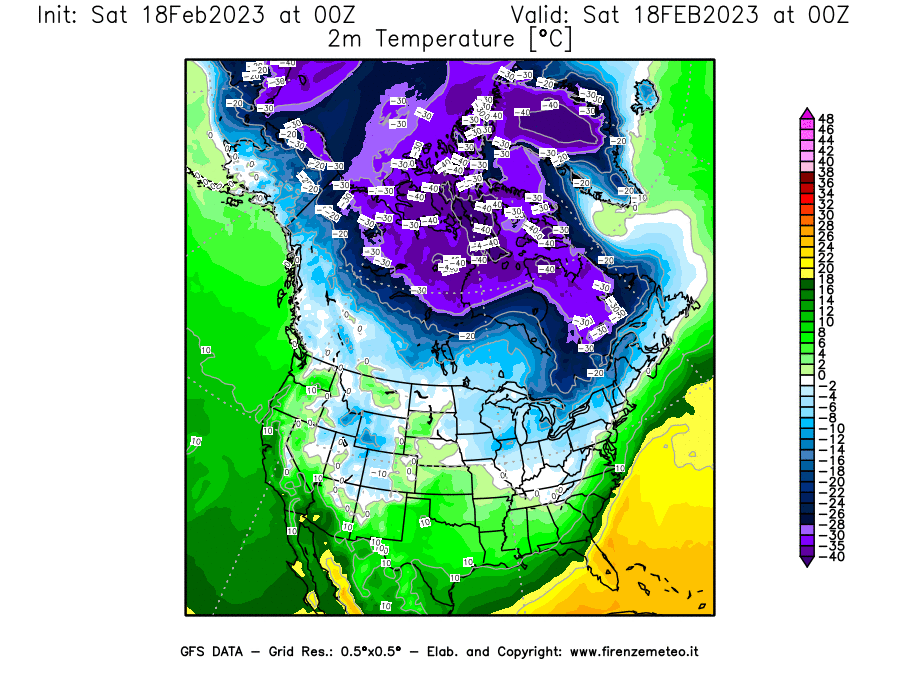 Mappa di analisi GFS - Temperatura a 2 metri dal suolo [°C] in Nord-America
							del 18/02/2023 00 <!--googleoff: index-->UTC<!--googleon: index-->