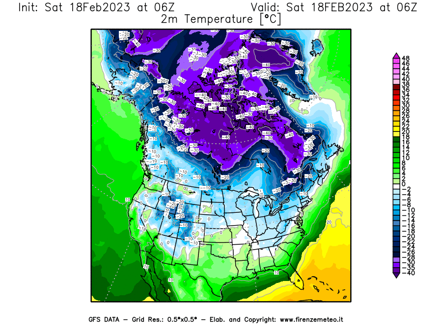 Mappa di analisi GFS - Temperatura a 2 metri dal suolo [°C] in Nord-America
							del 18/02/2023 06 <!--googleoff: index-->UTC<!--googleon: index-->