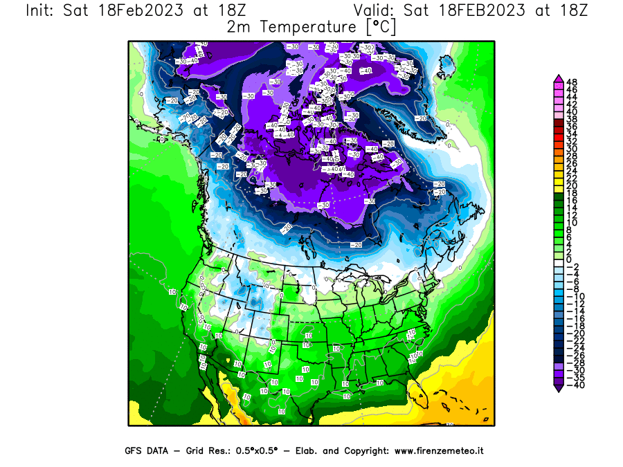 Mappa di analisi GFS - Temperatura a 2 metri dal suolo [°C] in Nord-America
							del 18/02/2023 18 <!--googleoff: index-->UTC<!--googleon: index-->